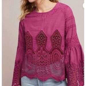 Anthropologie Chloe Oliver Magenta Crochet Lace Bell Sleeve‎ Embroidered Top XS